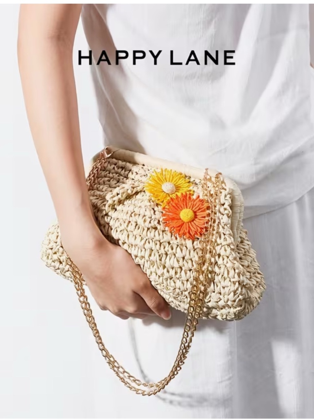 Happy Lane Beige Woven Straw Daisy Flower Clasp Crossbody Bag Gold Chain NWT - Picture 8 of 9